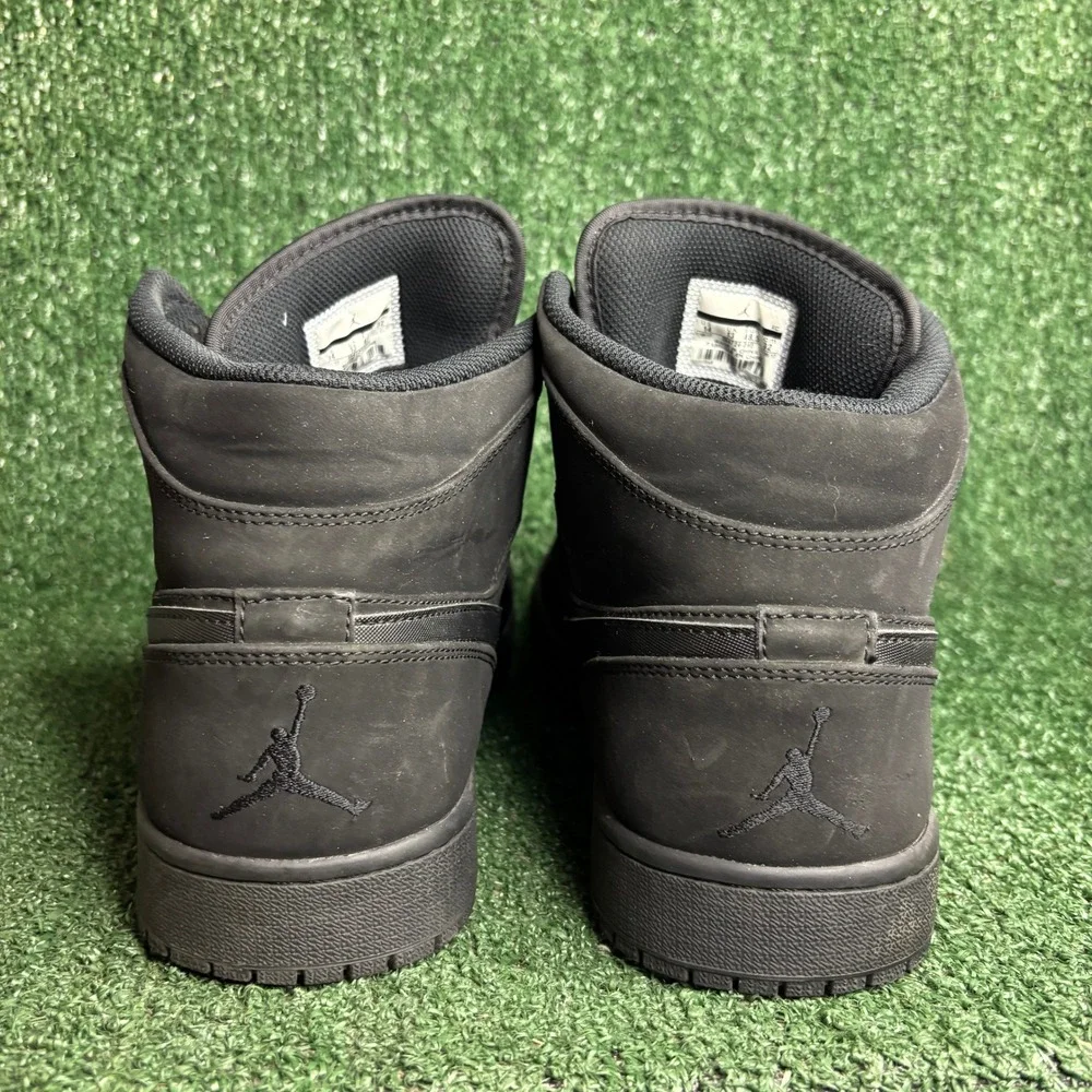 Jordan 1 Mid Nubuck Leather Athletic Basketball Sneaker Triple Black Mens Sz 14